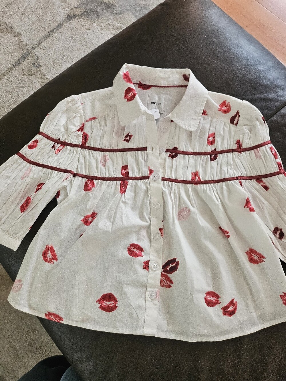 Maeve White Button-Front Blouse with Red Lip Print